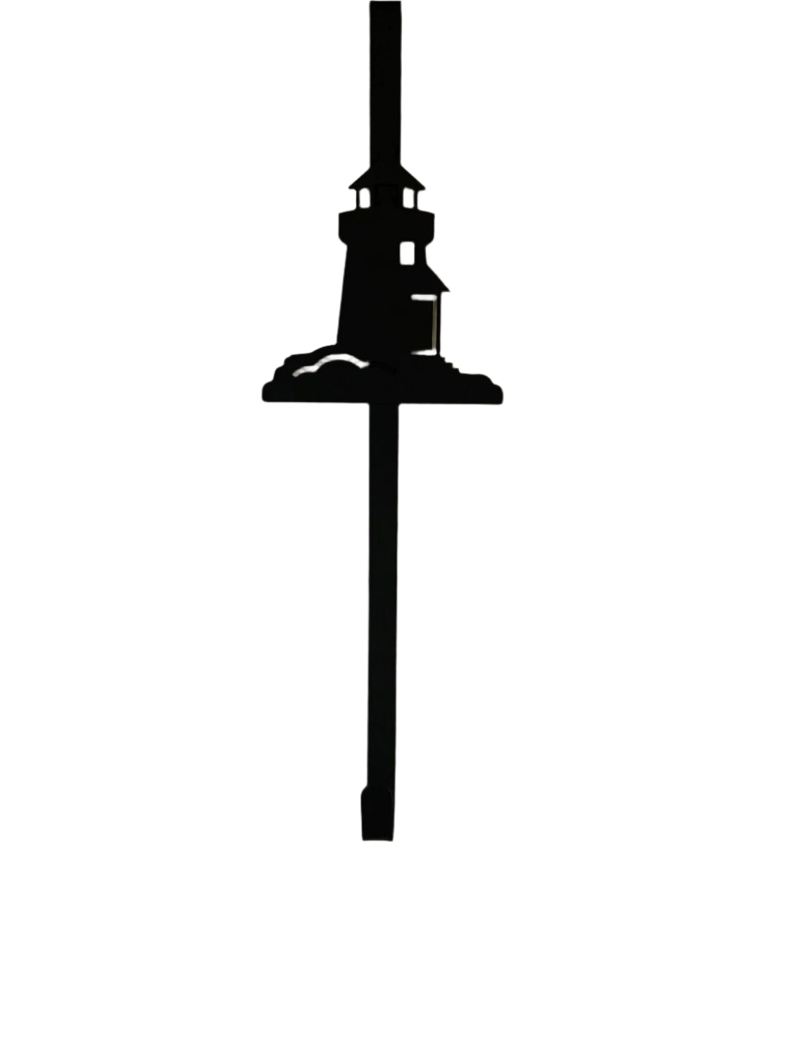 Black wrought iron lighthouse wreath hanger on white background