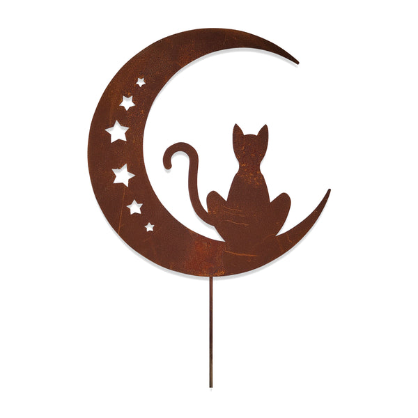 Wrought Iron Cat On The Moon With Stars Rusted Garden Stake 26 Inches
