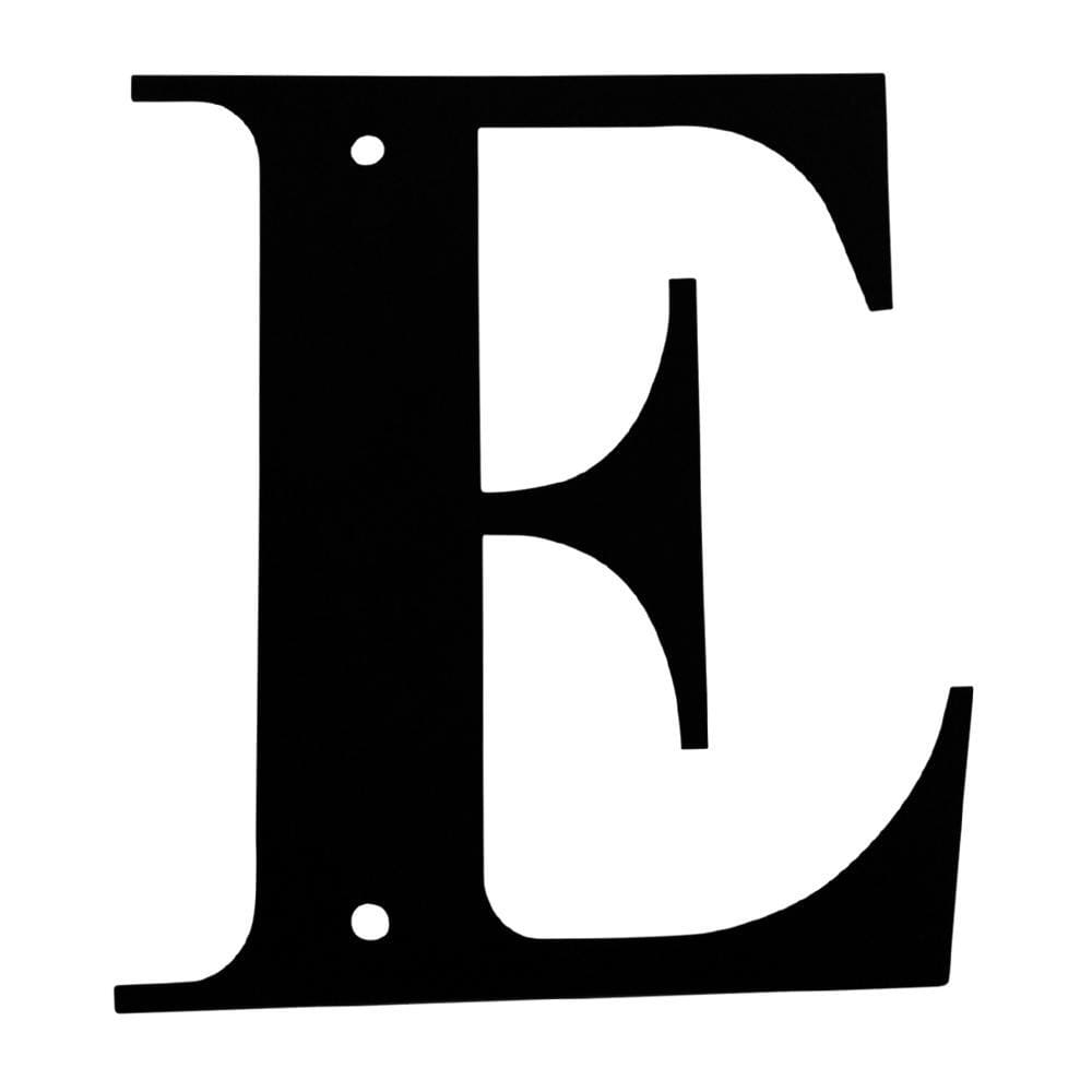 Wrought iron metal house letter E in black finish.