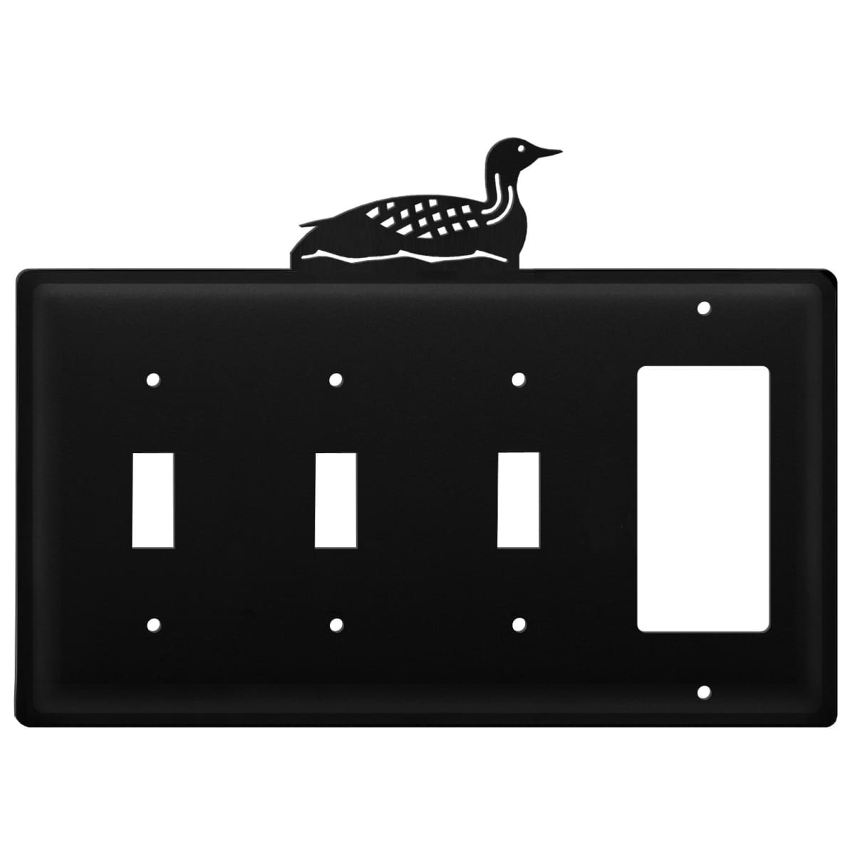 Wrought iron outlet cover with loon design, triple switch & GFCI