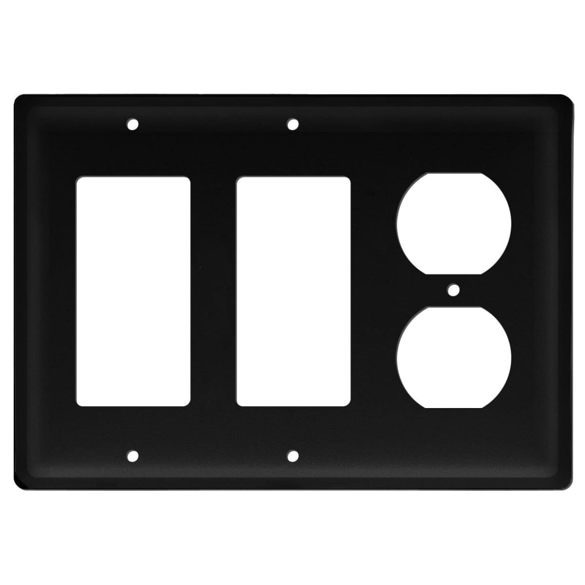 Double GFCI and outlet cover in wrought iron metal.