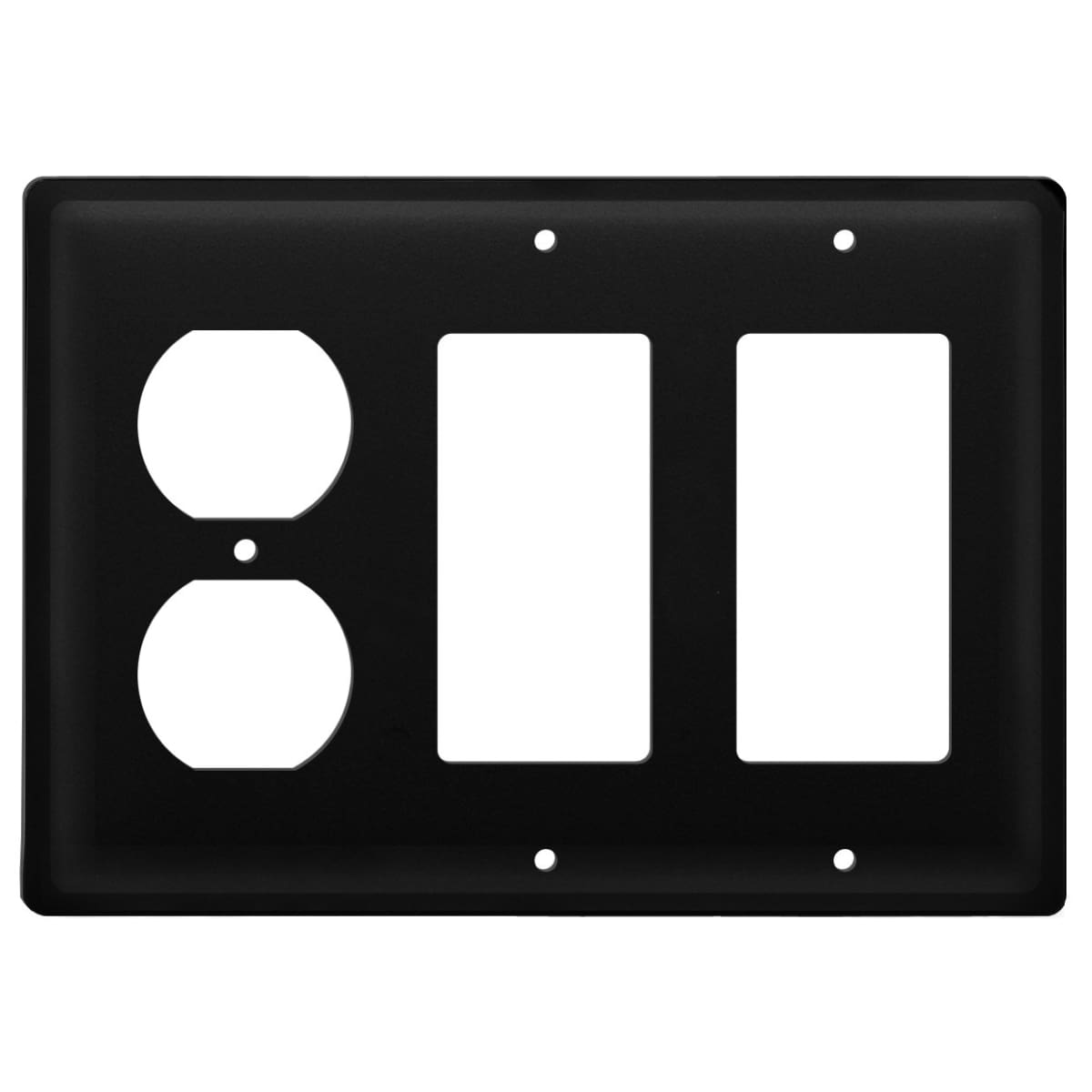 Wrought iron metal plain outlet cover with double GFCI slots.