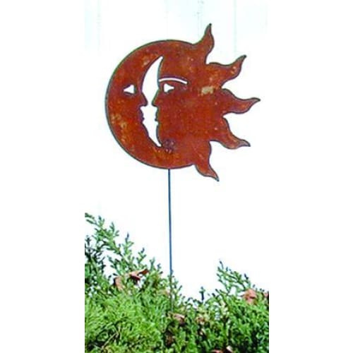 Wrought Iron Sun & Moon Rusted Garden Stake 35 Inches garden art garden decor garden ornaments