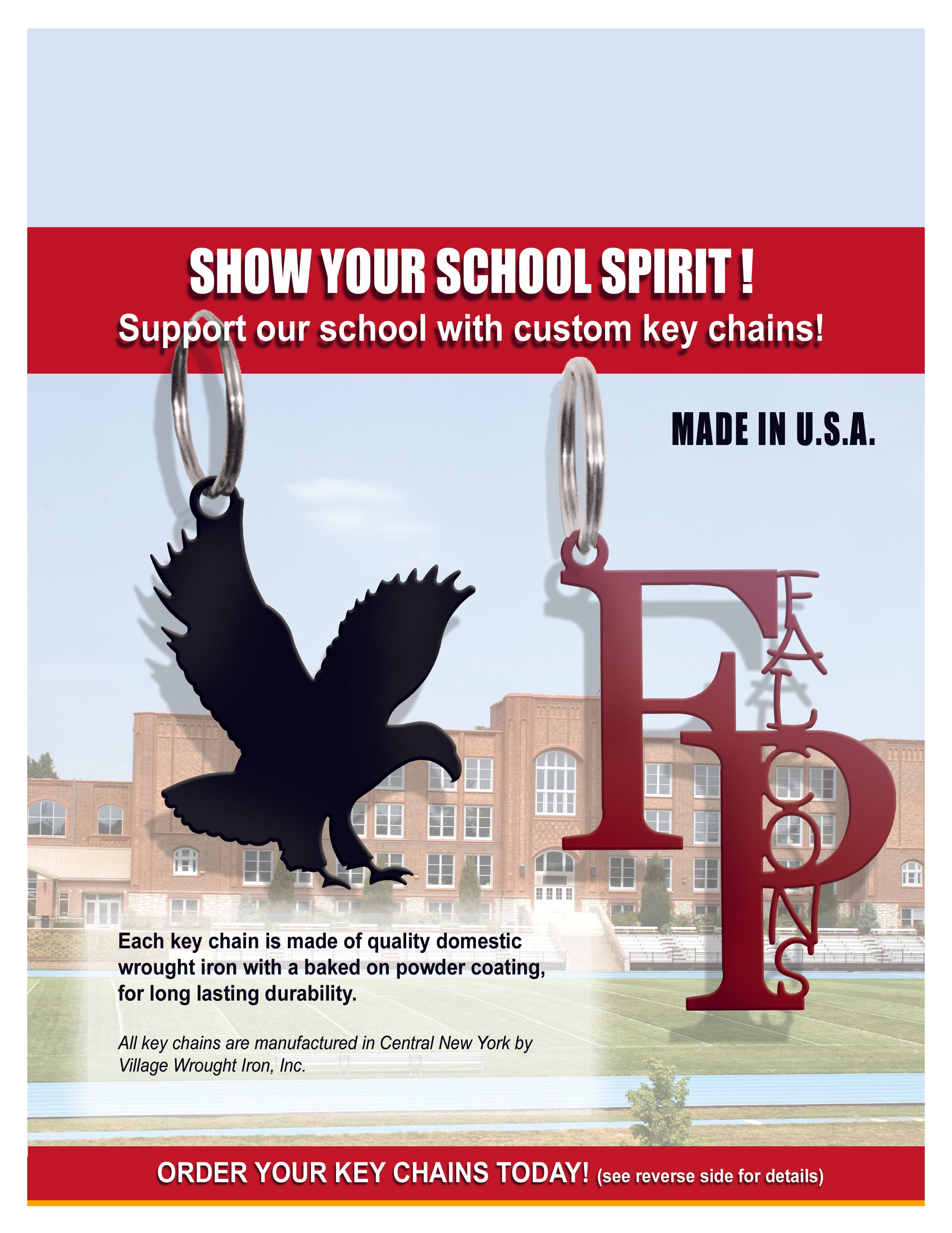 School spirit keychains with eagle and Falcons logo