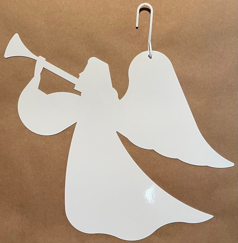 Ange blanc en fer forgé avec silhouette suspendue en forme de trompette