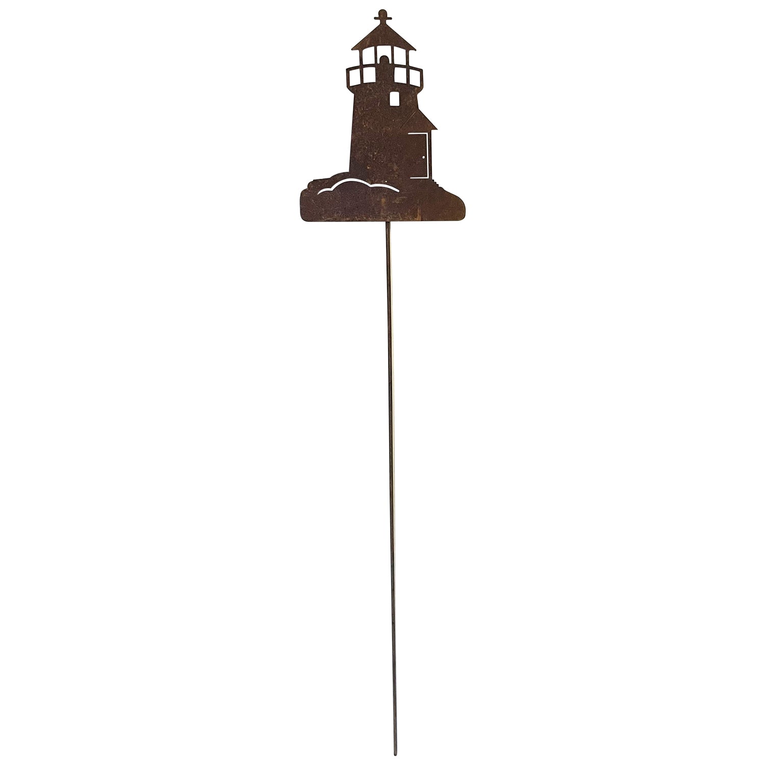 Wrought iron rusted lighthouse garden stake, 35 inches tall