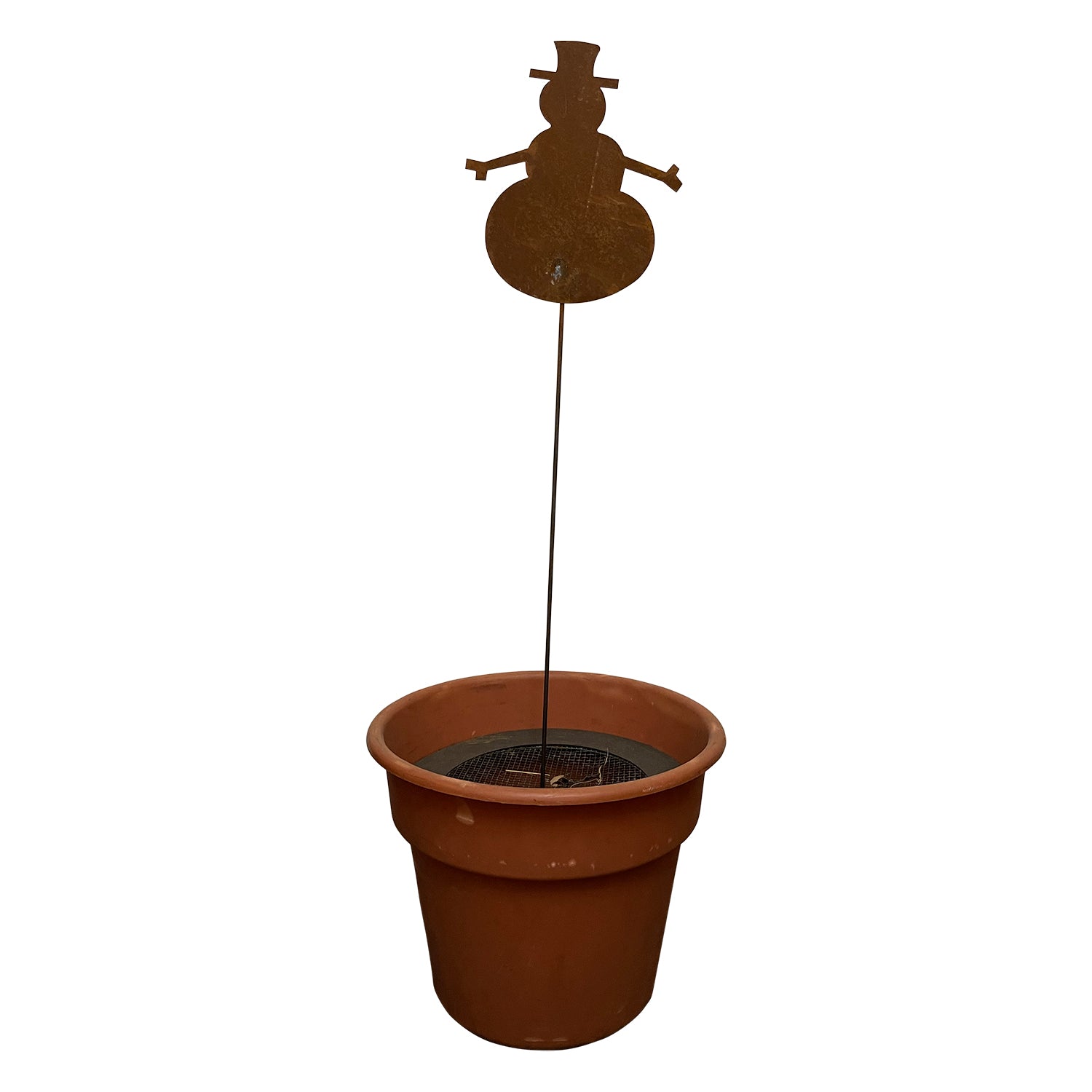 Rusted snowman garden stake in a pot, 35 inches tall