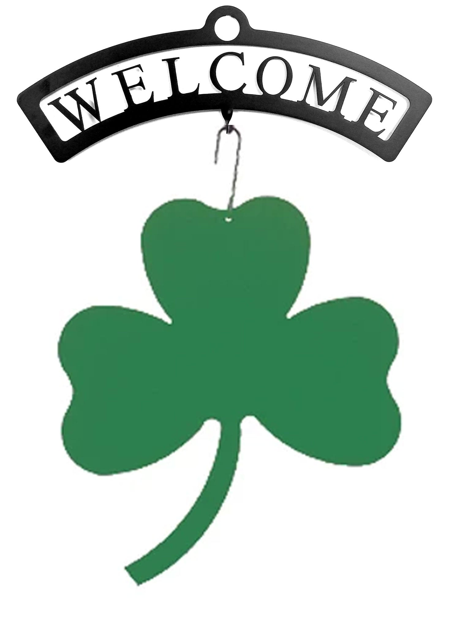 Wrought iron welcome sign with green shamrock silhouette