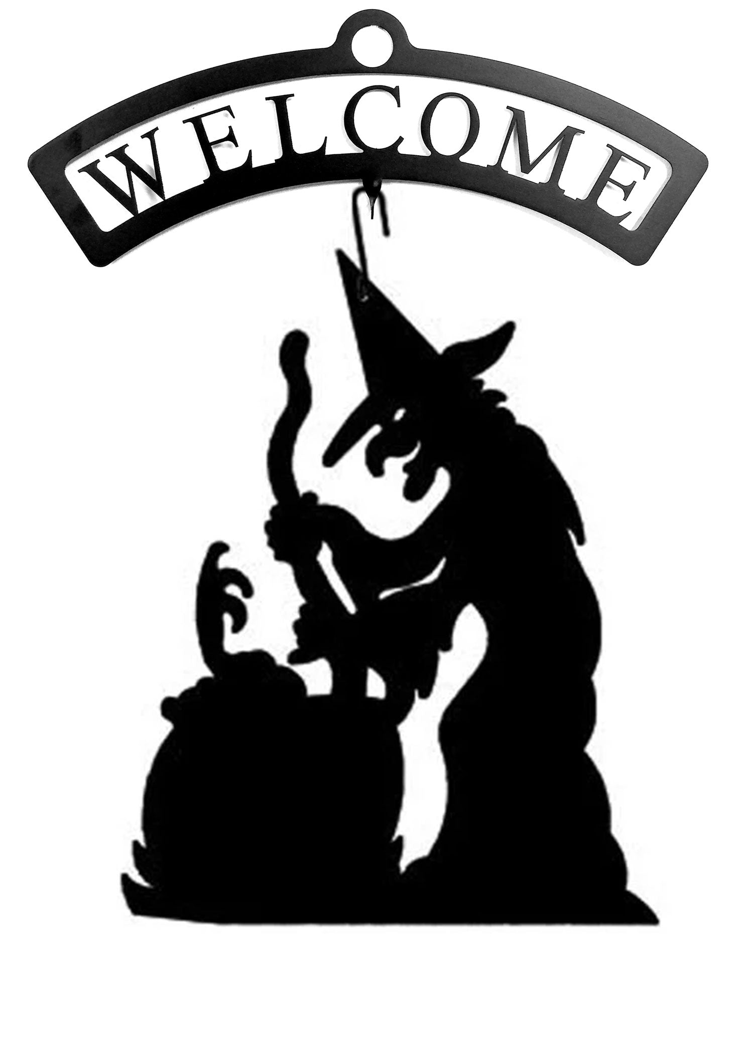 Wrought iron welcome sign with witch silhouette