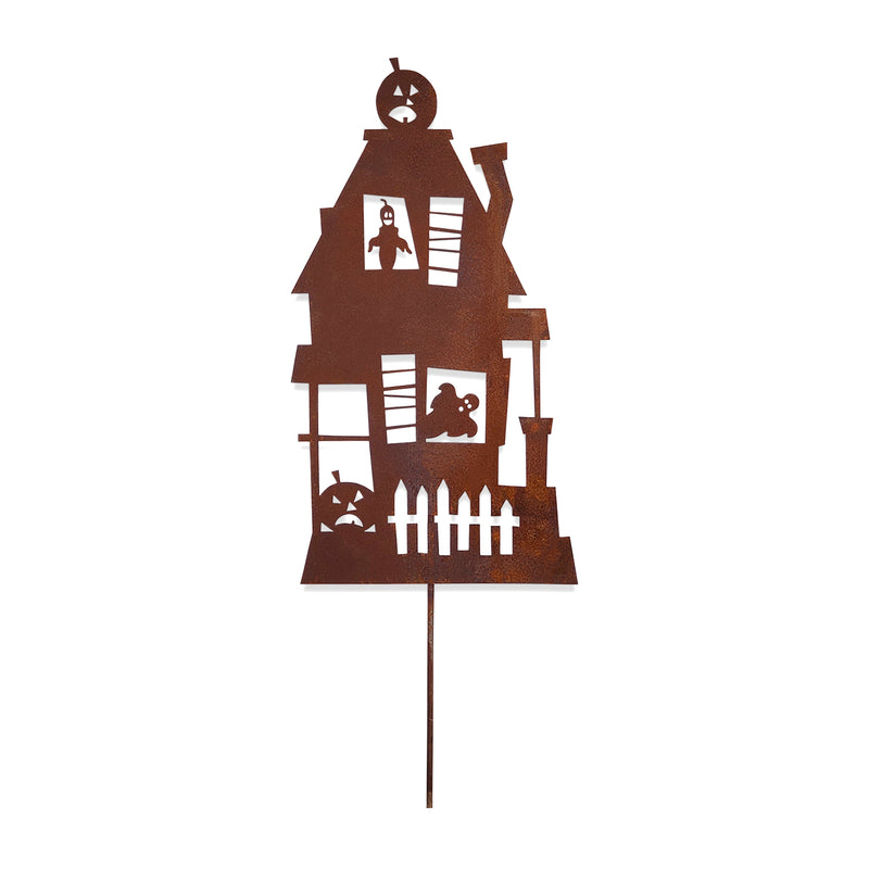 Wrought Iron Haunted House Rusted Garden Stake 28 Inches