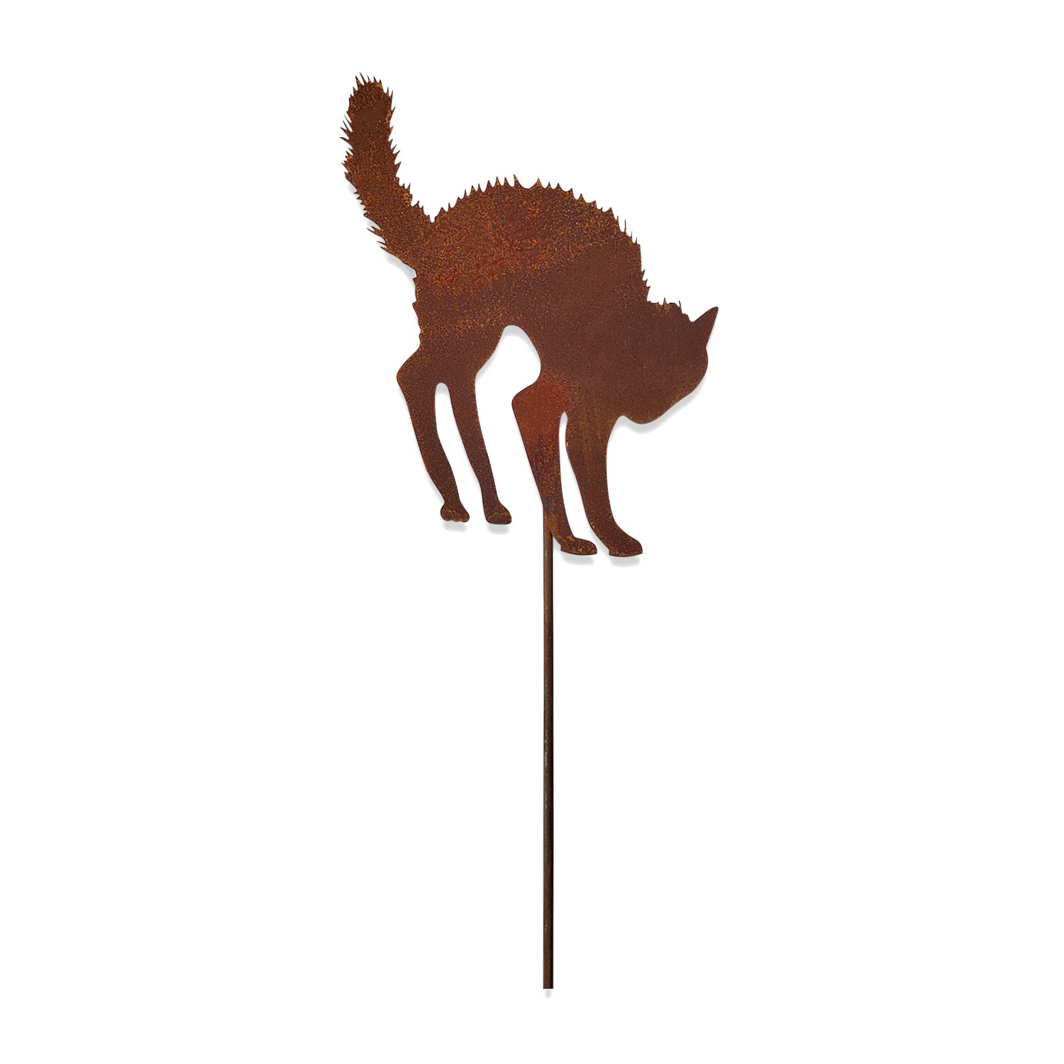 Rusted wrought iron scared cat garden stake, 36 inches