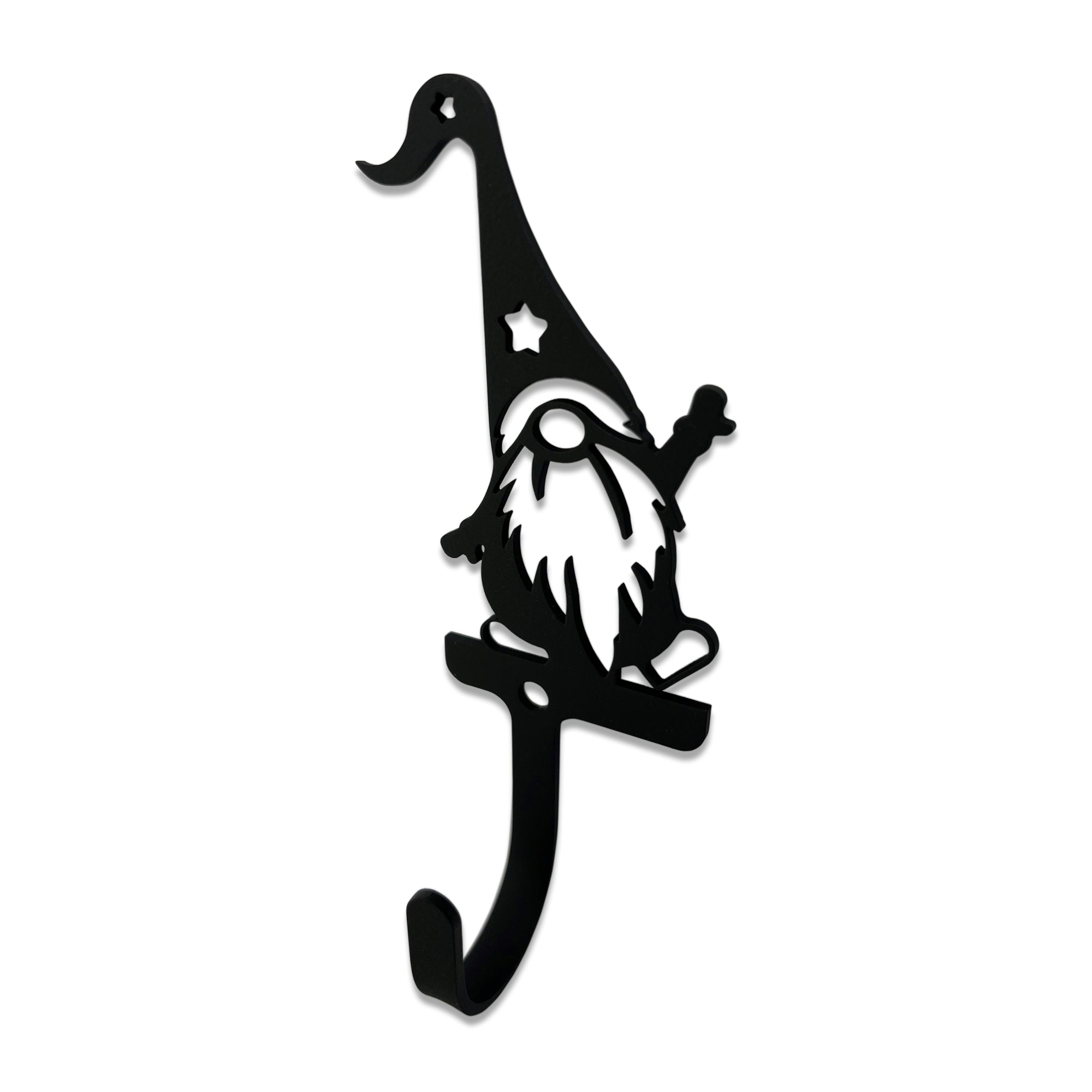 Wrought iron garden gnome wall hook with whimsical design