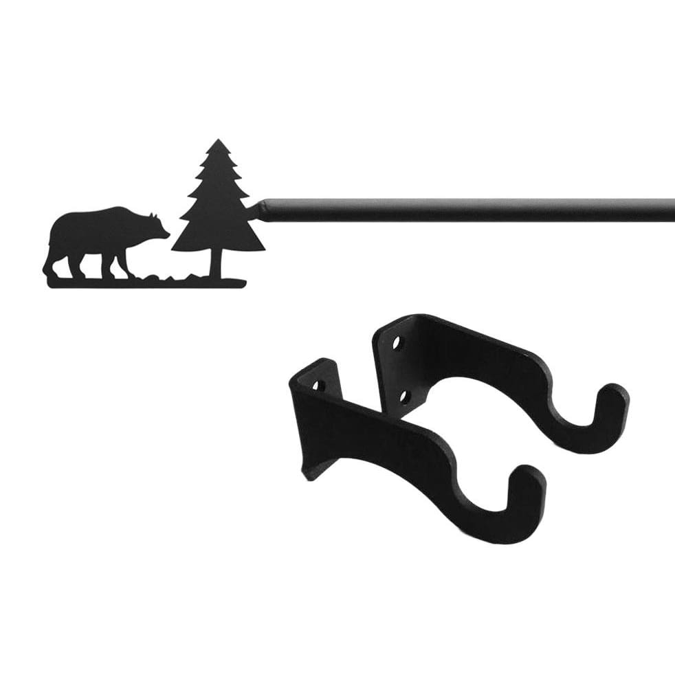 Wrought iron bear and pine tree curtain rod with brackets