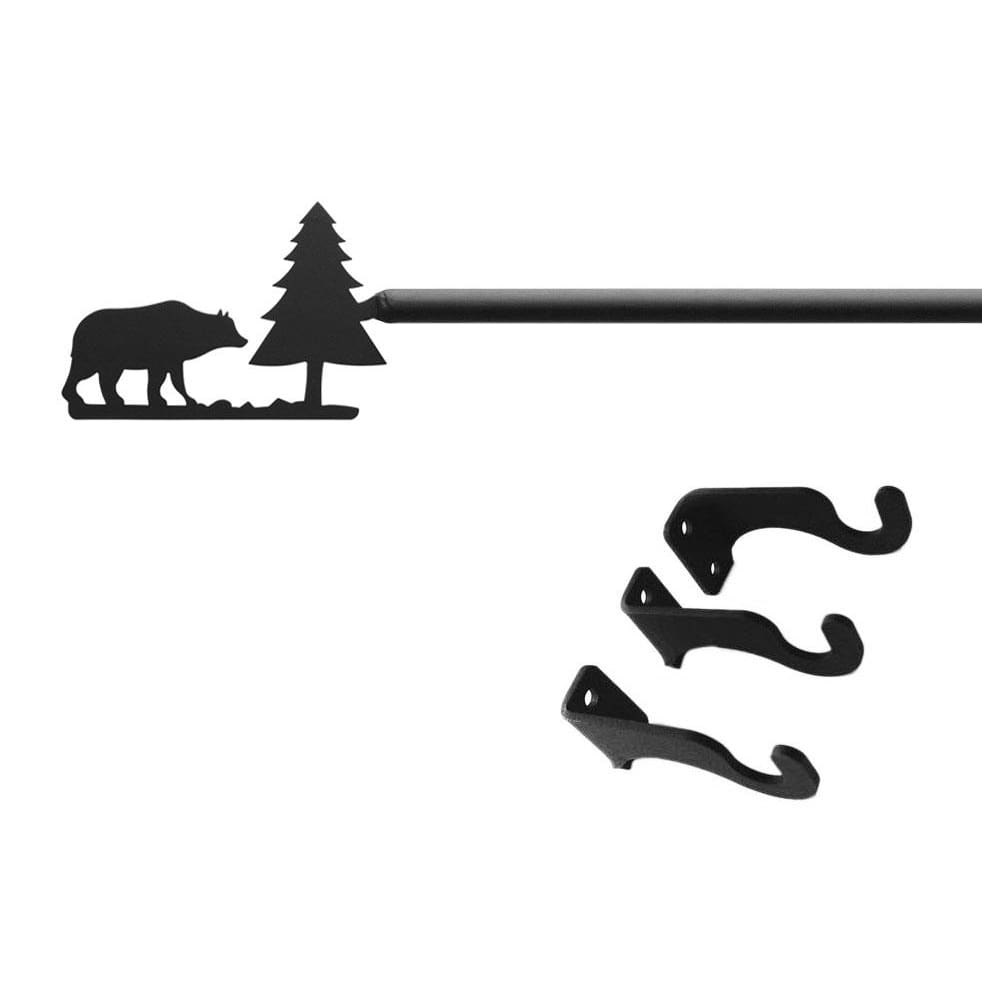 Wrought iron curtain rod set with bear and pine tree design