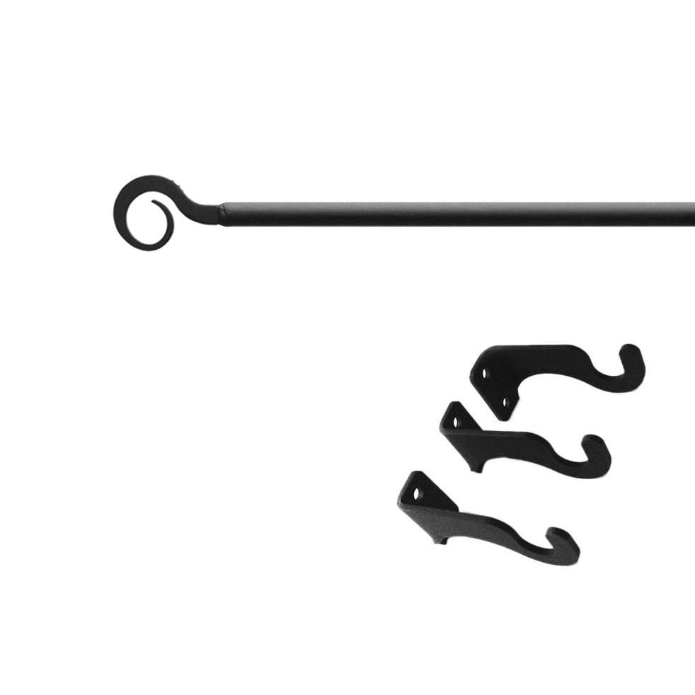 Wrought iron curtain rod with three mounting brackets