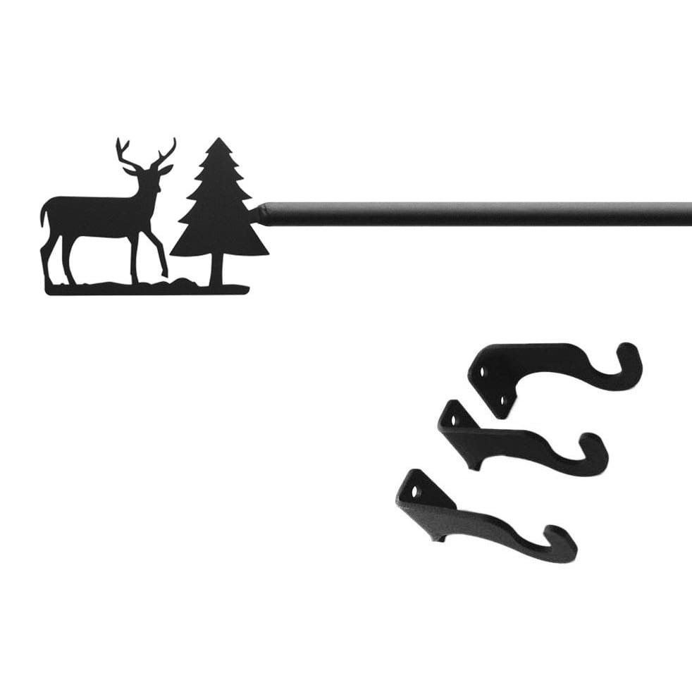 Wrought iron curtain rod set with deer and pine tree design.
