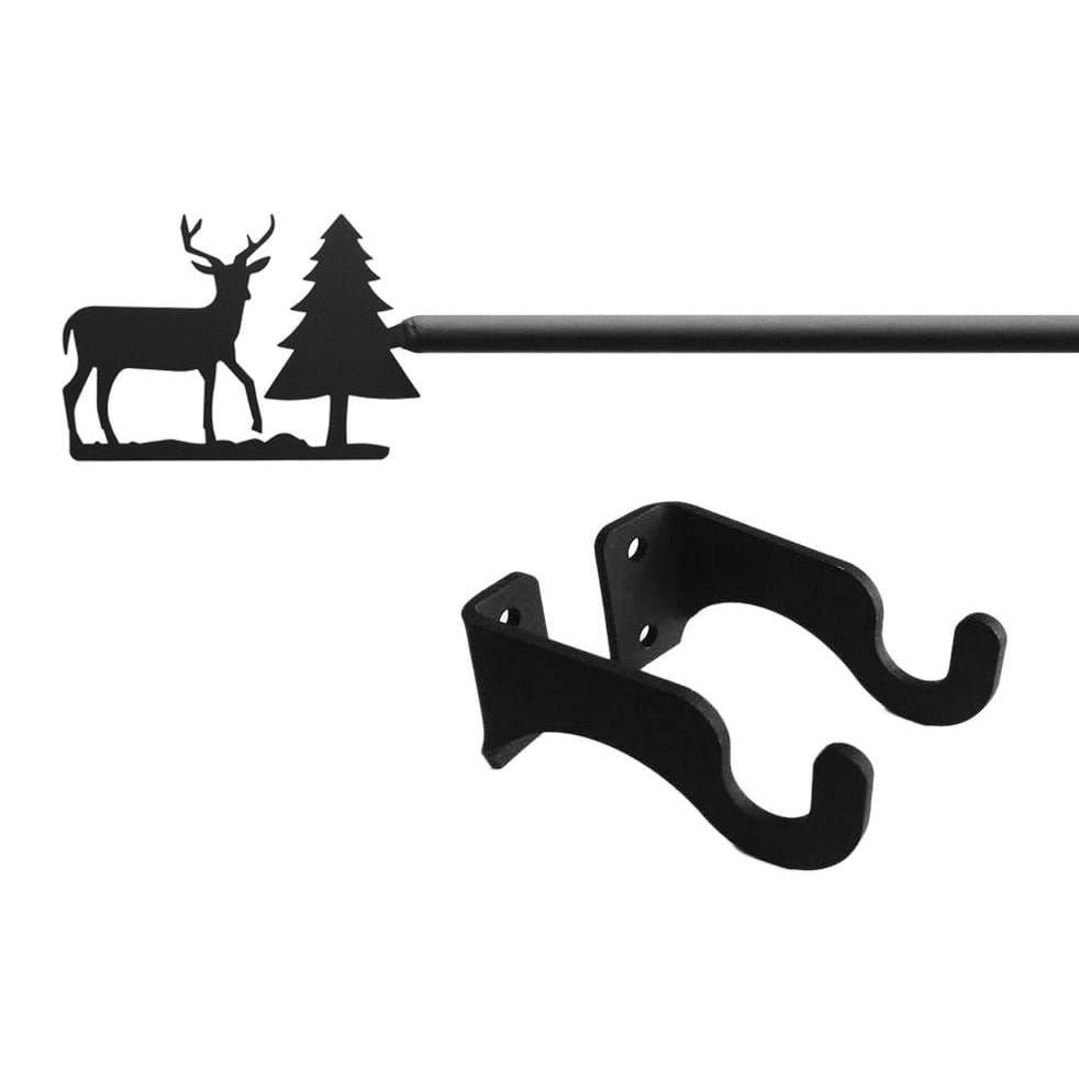 Wrought iron deer and pine tree curtain rod with brackets.
