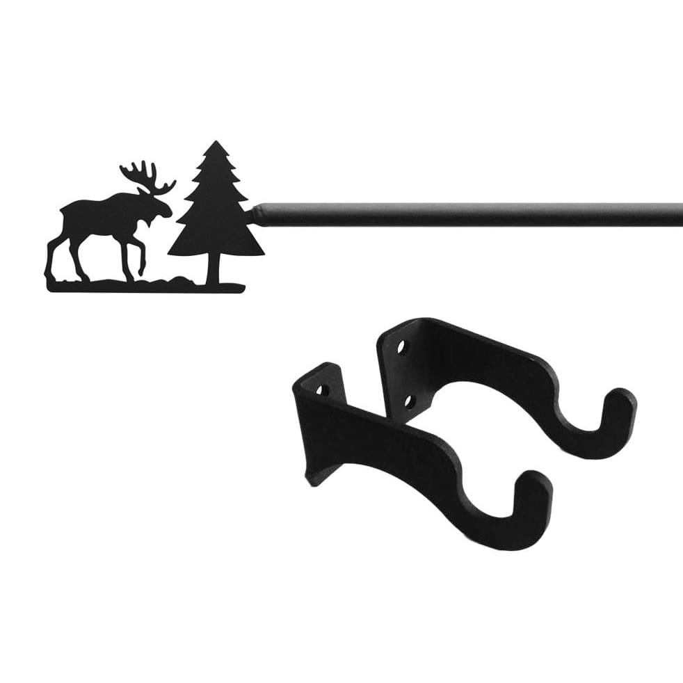 Wrought iron curtain rod with moose and pine design