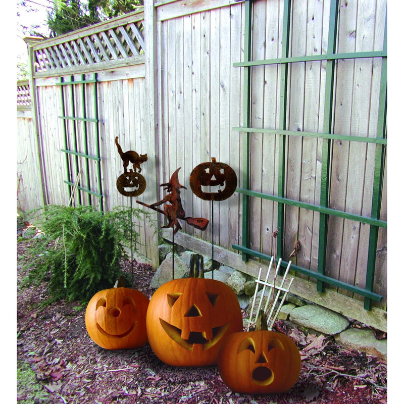 Wrought Iron Rusted Cat & Pumpkin Garden Stake 35 Inches Autumn Decorations garden art garden decor