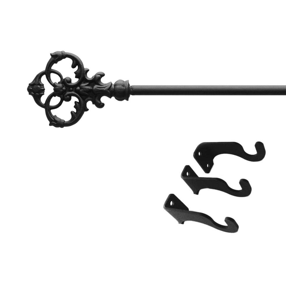 Wrought iron curtain rod with three mounting brackets